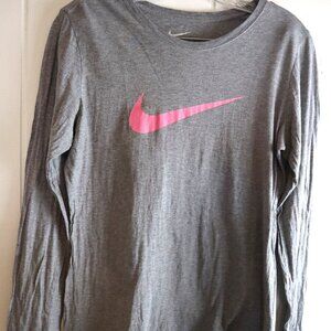 Womens Nike Large Gray Long Sleeve Top Pink Swoosh Logo Thin Fitted Shirt